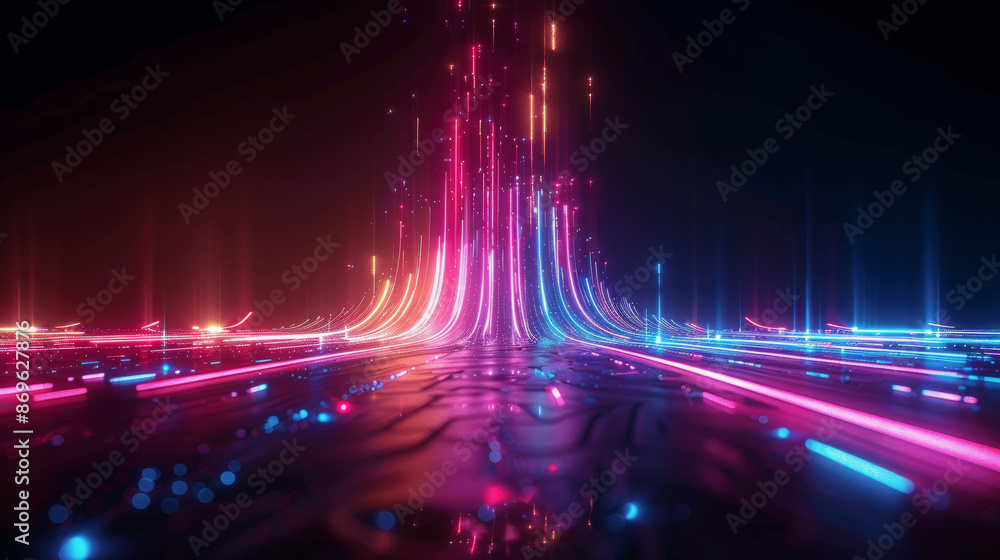 Poster 3d render abstract neon futuristic landscape glowing lines black background colorful light rays mode
