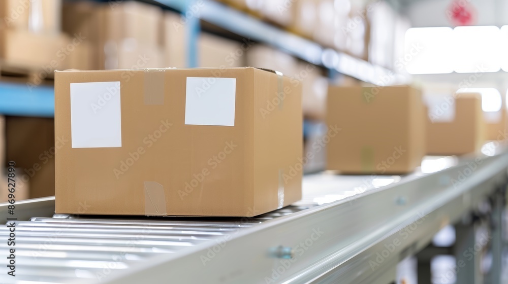 Poster rows of cardboard boxes on a conveyor belt in a warehouse, highlighting the automated process of e-c