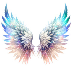 Watercolor illustration of holographic angel feather feather wings on white background