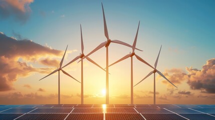 Renewable energy concept with wind turbines and solar panels at sunset, eco green landscape, sustainable future