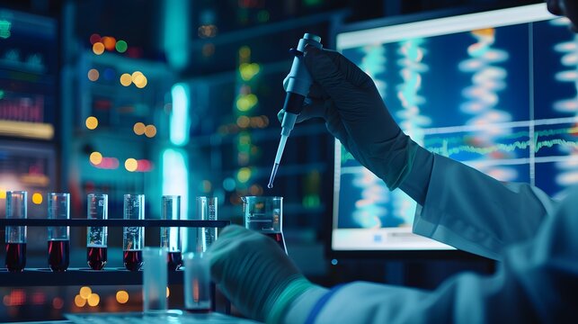 Close-up of a scientist's hands pipetting a small amount of clear liquid into a test tube, with DNA strands visible on a monitor in the background. - Powered by Adobe