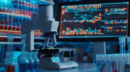 Close-up of a DNA sequencing machine processing genetic samples in a laboratory, with colorful graphs and data displayed on monitors in the background.