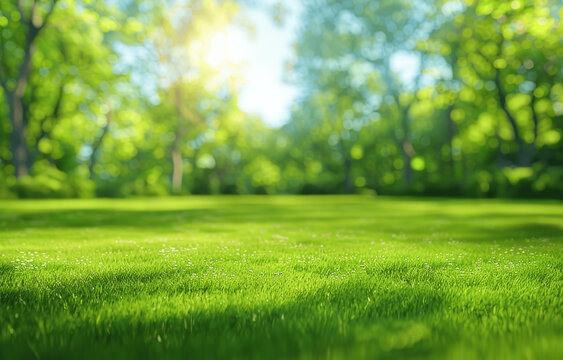 Impressionist spring landscape with blurred green grass meadow trees blue sky sunny day