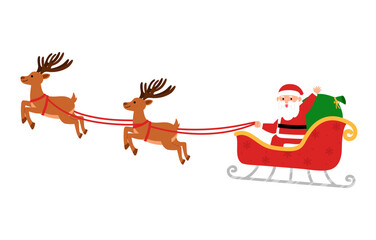 Santa Claus on a sleigh with sack full with christmas gifts ans  two reindeer , santa waving hand