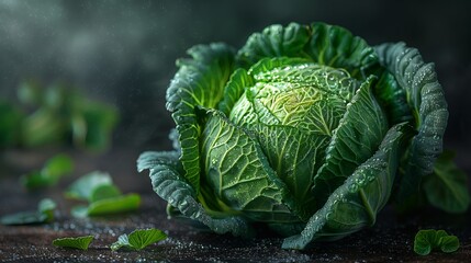 Obraz premium Fresh Green Cabbage With Water Drops on Wooden Surface