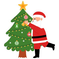 happy santa claus is decorating christmas tree