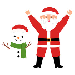 happy santa claus raising hand with a snow man