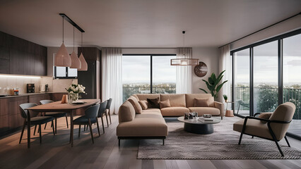 Interior design of modern scandinavian apartment, living room and dining room, panorama 3d rendering
