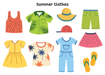 Summer clothes set with t-shirt, dress, Hawaiian shirt, skirt and more. Summer season outfit collection in cartoon stye. Vector illustration