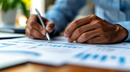 Fototapeta premium Professional businessman reviewing financial documents at desk with charts and graphs in modern office setting holding a pen