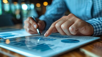 Fototapeta premium Closeup professional businessman's hand using pen and finger to analyze data on tablet with charts and graphs in modern office setting