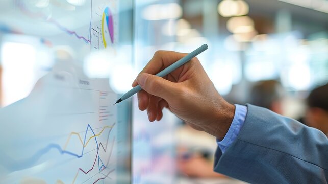 Business professional using a stylus to draw on a digital whiteboard with charts and graphs in a modern office background blurred lights