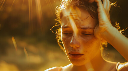 Heat stroke - Girl is suffering from heat, woman with heatstroke. Having sunstroke at summer hot weather.