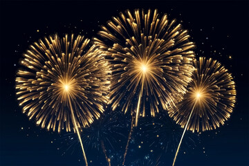 Fototapeta premium Golden Firework Bursts on Midnight Blue Sky Background