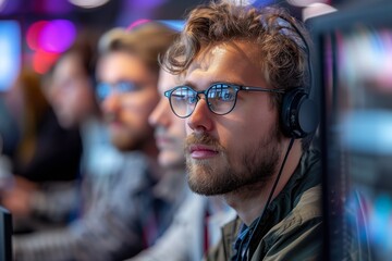 Young Man Wearing Glasses and Headphones Focused on a Computer Screen at a Gaming Event
