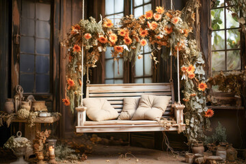 Fototapeta premium Rustic Porch Swing with Floral Decor