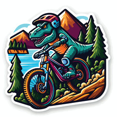 dinosaur riding a bike with mountain

