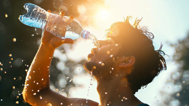 Heat stroke - Man pouring water from plastic bottle on his head in hot day, summer hotest sunlight , highlighting its graceful features
