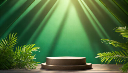  Green background for product presentation with podium to showcase product illuminated by multiple beams of light,