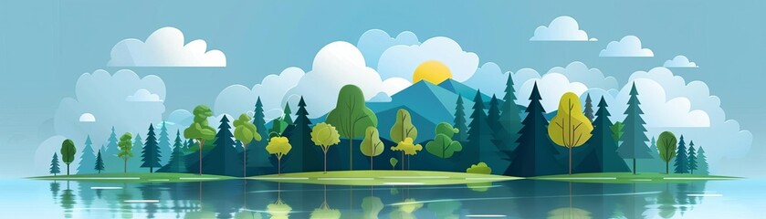 Fototapeta premium Serene landscape with lush forest and lake, clear sky with soft clouds, ideal for nature, outdoor, and tranquil background themes.
