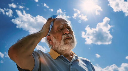 Heat stroke - Senior man with cold pack suffering from heat stroke outdoors