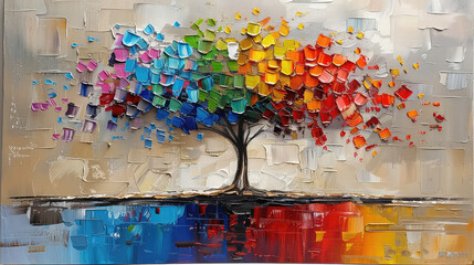 Elegant colorful tree with vibrant leaves hanging branches illustration background. Bright color 3d abstraction wallpaper for interior mural painting wall art decor. Ai	
