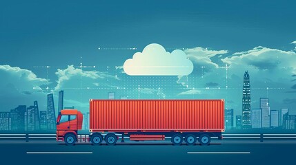 Digital illustration of a red container truck on a highway with a futuristic cityscape and data cloud in the background.