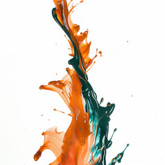 A vibrant splash of orange and green liquid captured in motion against a white background. The dynamic shapes and bright colors create a lively and energetic composition.