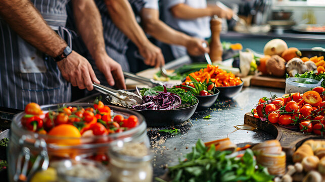 Chefs and food producers collaborating in a kitchen, innovating and diversifying a menu with creative vegetarian and vegan dishes