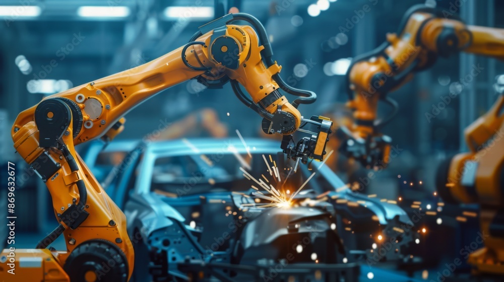 Poster A robotic arm welds a car body in a factory setting. Sparks fly from the welding process as the arm works precisely and efficiently.