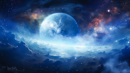 Obraz premium Planets and stars swirl in the fiery embrace of an interstellar nebula.