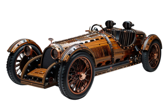 A meticulously crafted vintage car model made from wooden pieces and adorned with copper nails, featuring intricate details and a unique, elegant design - Powered by Adobe