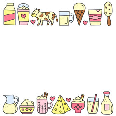 Poster with cute doodle colored dairy products isolated on white background. Farm milk products and cow.