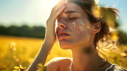 Heat stroke - Stressed woman suffering heat stroke in summer