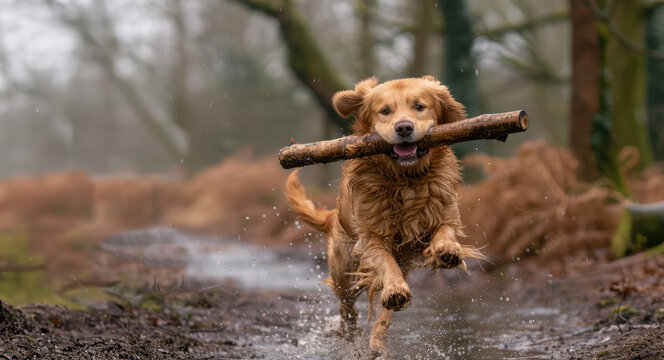 Happy dog playing with a stick, holding a big stick in its mouth, outdoor background. Dog training concept