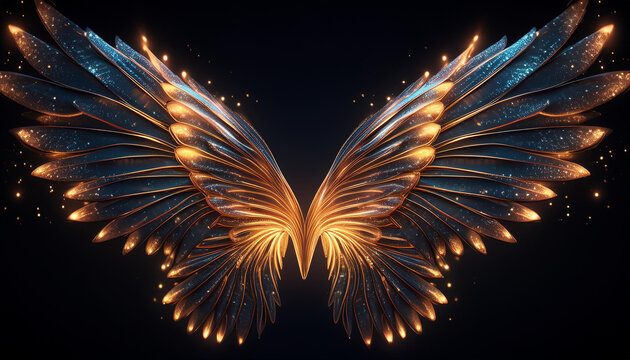 Beautiful magic fairy tale character wings and lights isolated on black background