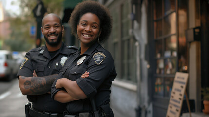 Fototapeta premium Happy, portrait and police with arms crossed in the city for security, safety and justice on the street. Team, pride and a black woman and a man with confidence working in urban crime together,