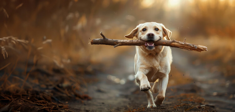 Happy dog playing with a stick, holding a big stick in its mouth, outdoor background. Dog training concept