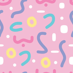Fun colorful line doodle seamless pattern  on pink background. Creative minimalist style art background for children or trendy design with basic shapes.