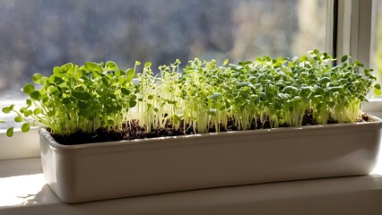 Microgreens of watercress in a ceramic rectangular pot on a windowsill. Sunlight streaming through the window creates a cozy atmosphere.