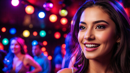 Fototapeta premium Young beautiful hispanic latina woman having fun in a dance club party with colorful lights illuminating her face and the background