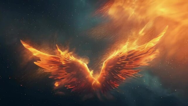 Fiery phoenix wings ablaze in the night sky with stars. The glow creates a mystical, etheric atmosphere. The image evokes mythical themes of rebirth and transformation.
