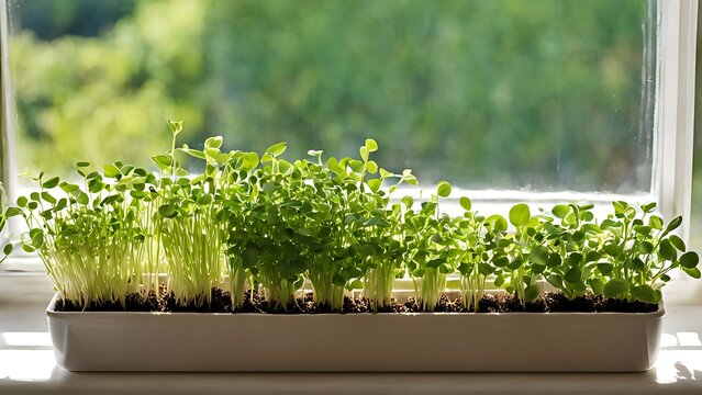 Micro watercress greens in a ceramic rectangular pot on a windowsill, with sunlight streaming through the window