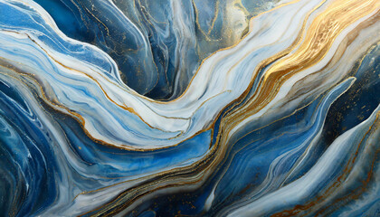 Abstract artwork featuring a blend of blue and gold fluid patterns, symbolizing elegance and serenity through its flowing and dynamic composition.