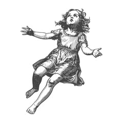 Fototapeta premium flying little girl with engraving style black color only