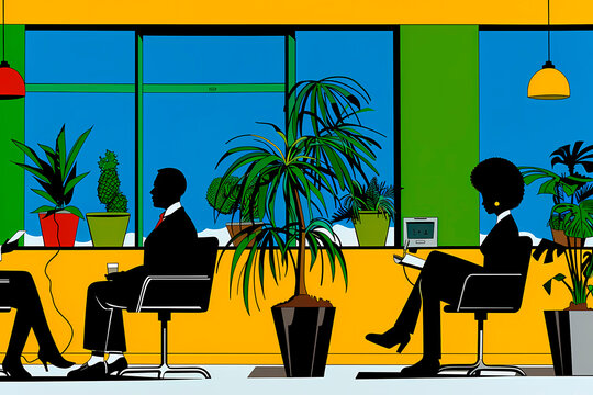 A vibrant office with large windows and house plants, accommodating a business meeting between two individuals, creating a productive and pleasant professional environment.