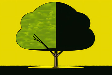 A symbolic tree is depicted with one half in green and the other in dark, illustrating the contrast between growth and decay, representing environmental and life dualities.