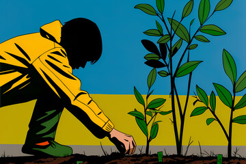 A person dressed in yellow attire is shown planting saplings in the ground, symbolizing the act of nurturing new life and contributing to environmental sustainability and reforestation.