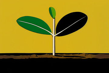 The image portrays a stylized plant seedling with green and black leaves emerging from the soil, symbolizing growth, nature, and environmental themes.
