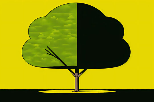 A symbolic tree is depicted with one half in green and the other in dark, illustrating the contrast between growth and decay, representing environmental and life dualities.